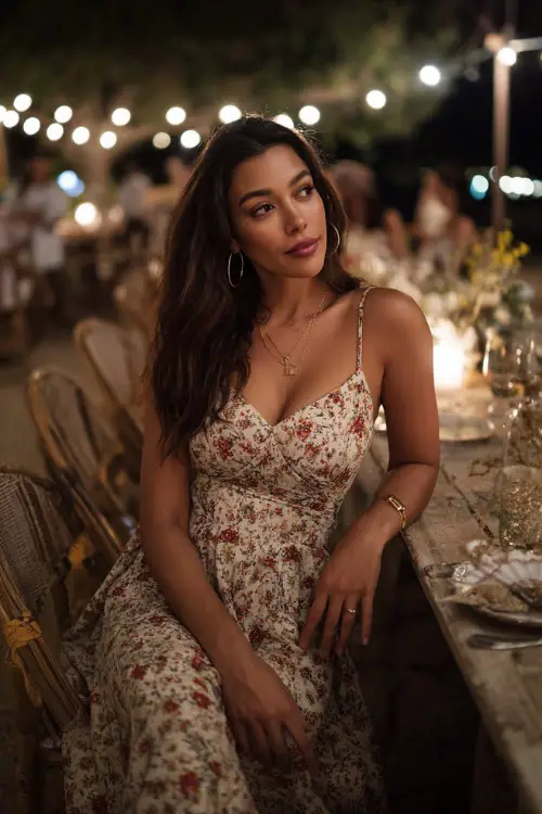 A stylish woman in a floral midi dress, delicate jewelry, heeled sandals, romantic outdoor dinner setting with string lights, full-body lifestyle fashion shot, soft warm lighting