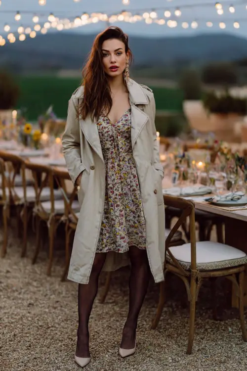 A stylish woman in a floral midi dress, sheer tights, block heels, light trench coat, romantic outdoor dinner setting with string lights, full-body fashion photography