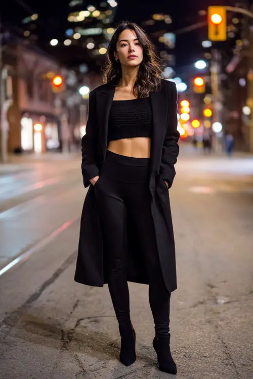 A stylish woman in black leggings, cropped knit top, structured long coat, pointed boots, modern urban night street background, full-body fashion capture
