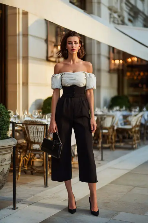 A stylish woman in cropped trousers, off-shoulder blouse, pointed pumps, structured handbag, upscale restaurant exterior background, full-body editorial fashion photography, refined lighting