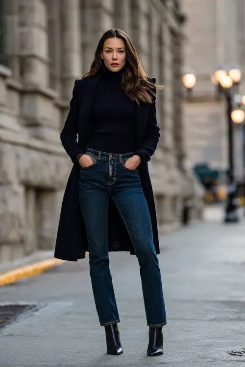A stylish woman in dark straight-leg jeans, fitted turtleneck top, structured wool coat, pointed ankle boots, romantic city sidewalk evening background 