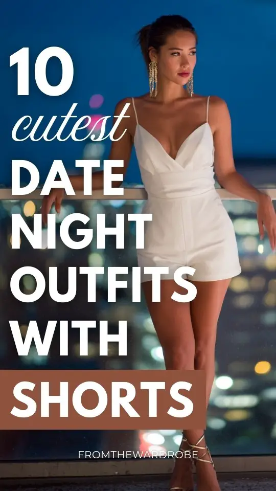 A stylish woman in date night outfit with shorts, sleek bodysuit, strappy high heels, statement earrings, city skyline terrace background at night