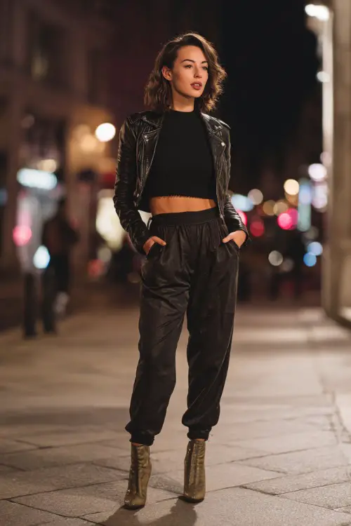 A stylish woman in relaxed fit trousers, fitted knit top, cropped leather jacket, heeled boots, trendy city night sidewalk background, full-body fashion photography, cinematic lighting 