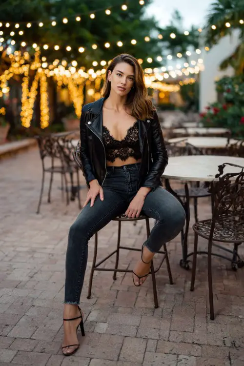 A stylish woman in skinny jeans, lace blouse, heeled sandals, cropped leather jacket, romantic outdoor café background with string lights, full-body fashion photography 