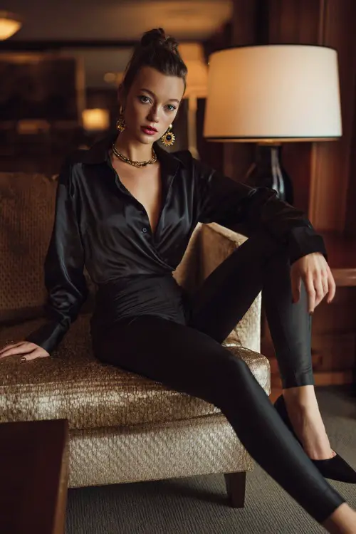 A stylish woman in sleek leggings, satin blouse, stiletto heels, statement earrings, elegant hotel lounge background, full-body editorial fashion photography 