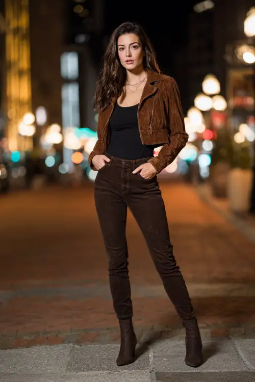 A stylish woman in straight-leg jeans, fitted bodysuit, suede moto jacket, pointed ankle boots, modern urban night street background, full-body fashion capture 