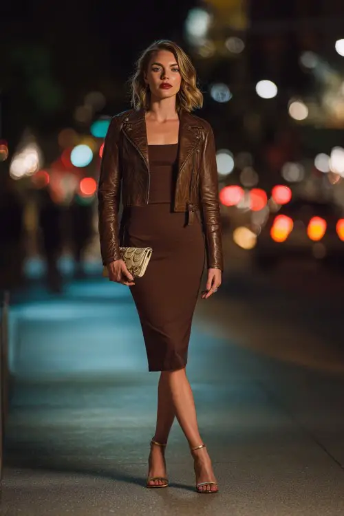 A stylish woman wearing a fitted midi dress, cropped leather jacket, strappy heels, small clutch bag, elegant city night dinner background, full-body fashion photography