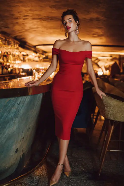 A stylish woman wearing a fitted red off-shoulder midi dress with pointed-toe heels and statement earrings, posing inside a chic cocktail bar with warm golden lighting and velvet seating 