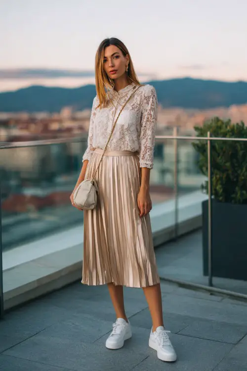 A stylish woman wearing a pleated midi skirt, lace blouse, clean white sneakers, small shoulder bag, elegant rooftop terrace background, full-body fashion photography
