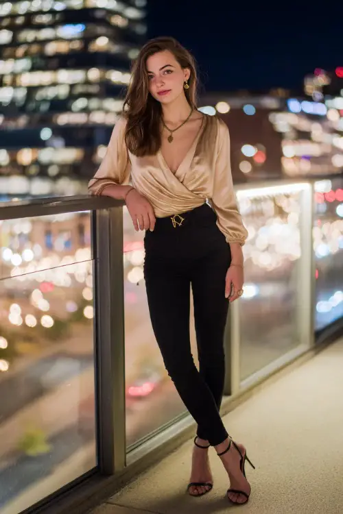 A stylish woman wearing black skinny jeans with a silky wrap blouse and heeled sandals, delicate jewelry and a structured mini bag, standing near a rooftop bar railing with city lights behind her 