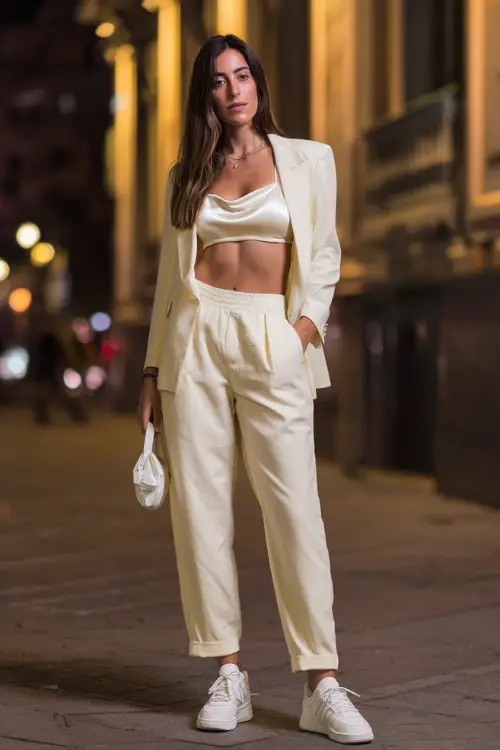 A stylish woman wearing high-waisted straight-leg jeans, silky camisole top, white sneakers, cropped blazer, small crossbody bag, modern city street at night background