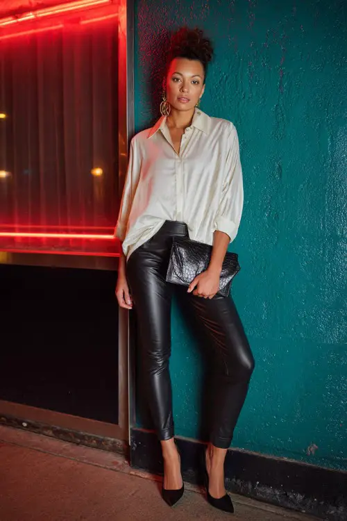 A stylish woman wearing leather leggings with an oversized blouse slightly tucked in and pointed heels, bold earrings and a sleek clutch, posing near a neon-lit bar wall, full-body composition