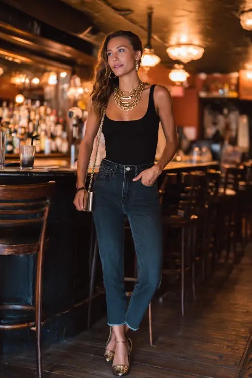 A stylish woman wearing straight-leg jeans with a fitted black tank top and strappy heels, layered gold necklaces and a small shoulder bag