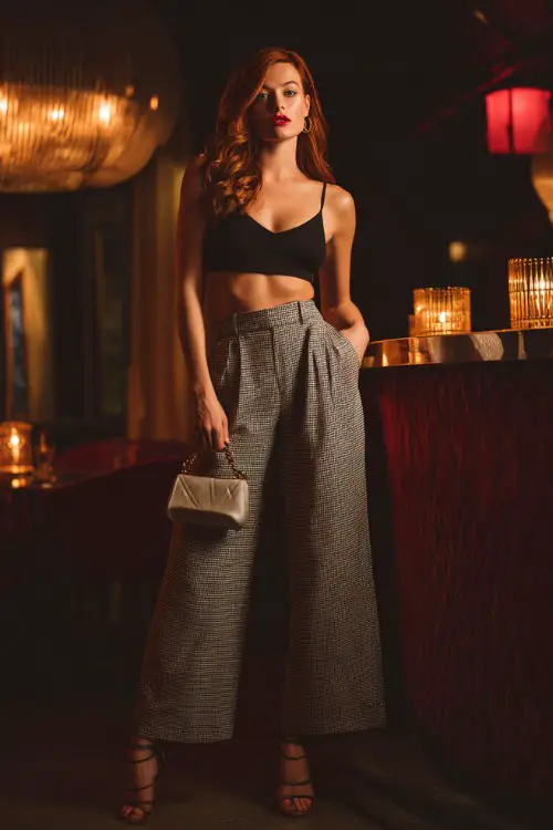 A stylish woman wearing wide-leg trousers with a cropped top and strappy heels, holding a small handbag, posing confidently inside a dimly lit cocktail bar with warm candlelight ambiance