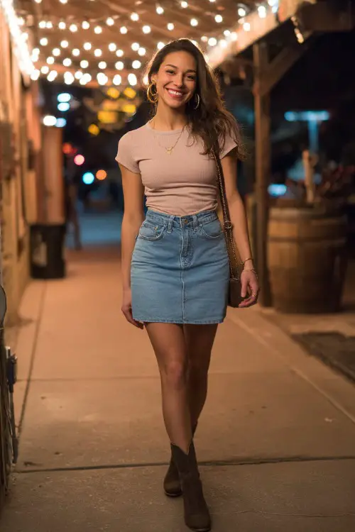 A trendy woman wearing a mini denim skirt with a tucked-in fitted tee and ankle boots 
