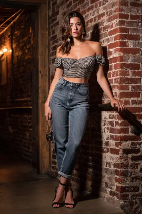 A trendy woman wearing high-waisted straight jeans with a fitted off-shoulder top and strappy heels, accessorized with statement earrings and a mini handbag 