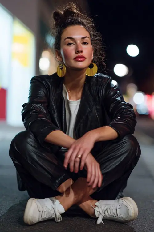 A woman in a casual chic jumpsuit, minimalist sneakers, cropped leather jacket, bold statement earrings, modern urban night background, full-body fashion capture