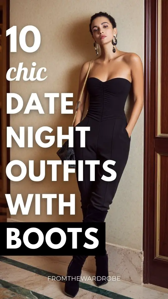 A woman in a date night outfit with boots, a fitted jumpsuit, statement earrings and a small shoulder bag