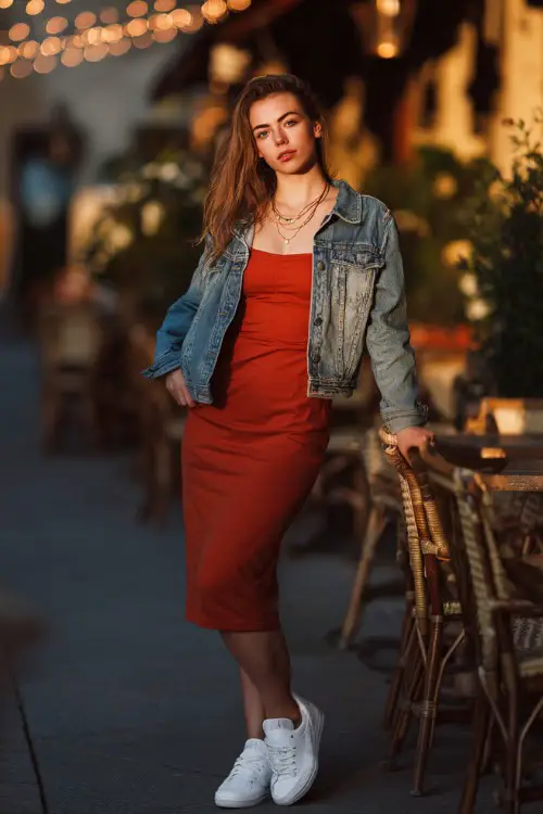 A woman in a fitted midi dress with clean white sneakers, denim jacket, delicate layered necklaces, romantic outdoor café setting with string lights, full-body shot
