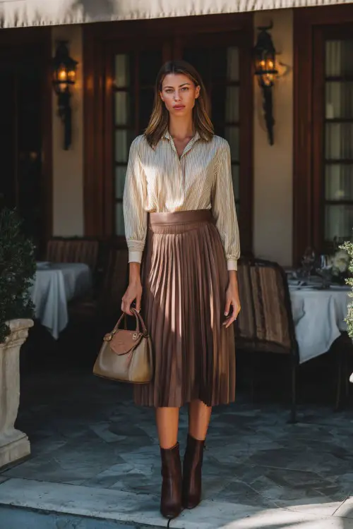 A woman in a pleated midi skirt, tucked-in blouse, heeled ankle boots, structured handbag, upscale restaurant exterior background, full-body fashion photography