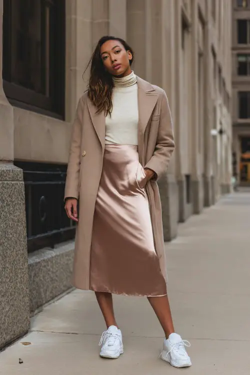 A woman in a satin slip skirt, fitted turtleneck top, minimalist sneakers, tailored long coat, elegant city sidewalk background, full-body fashion capture (2)