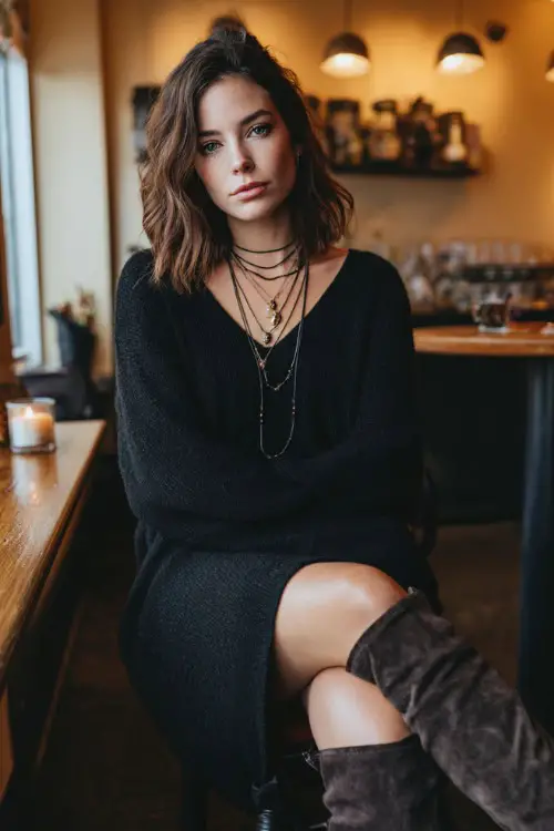 A woman in black leggings, oversized sweater dress, knee-high suede boots, layered necklaces, cozy candlelit café setting, full-body portrait, soft warm lighting