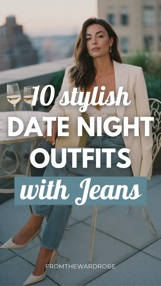 A woman in date night outfit with jeans, fitted blazer, lace camisole, pointed heels, elegant rooftop dinner setting