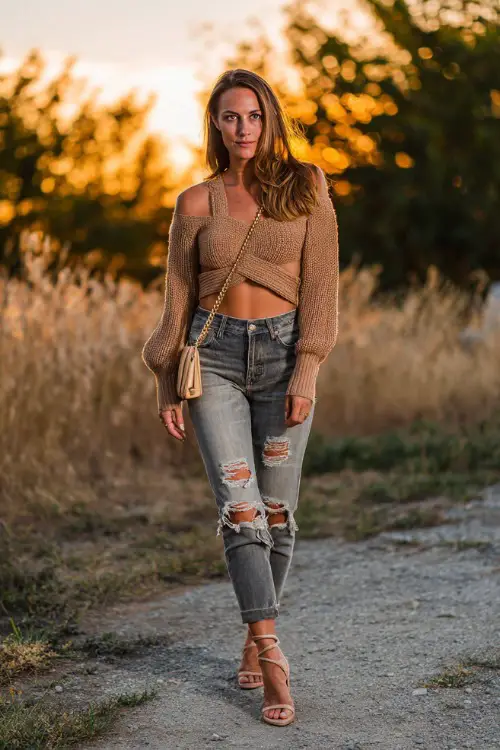 A woman in distressed skinny jeans, cropped sweater top, heeled sandals, crossbody bag, sunset outdoor date setting, full-body shot, natural golden hour photography