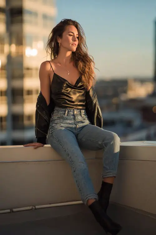A woman in skinny jeans, satin camisole top, ankle boots, cropped leather jacket, rooftop dinner setting, full-body editorial fashion photo, warm evening light