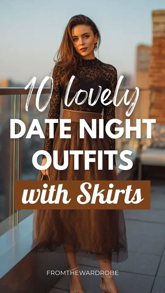 A woman wearing a date night outfit with a skirt, lace top, strappy heels, small shoulder bag