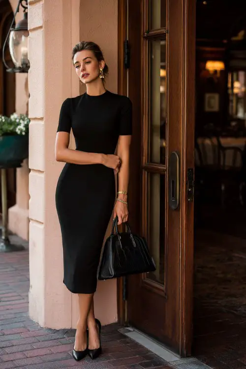A woman wearing a fitted midi dress, classic pumps, structured handbag, statement earrings, upscale restaurant exterior background, full-body fashion shot