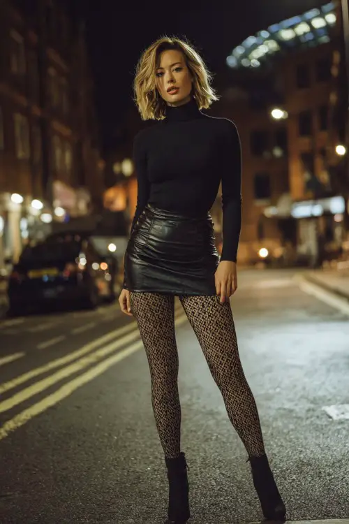 A woman wearing a leather mini skirt, fitted turtleneck top, patterned tights, ankle boots, modern urban night street background, full-body fashion capture 