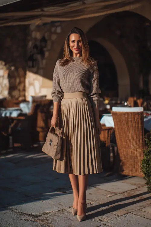 A woman wearing a pleated midi skirt, fitted knit sweater, pointed pumps, structured handbag, romantic café patio background, full-body shot, lifestyle fashion photography