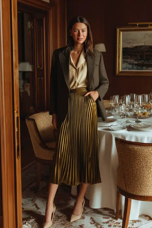 A woman wearing a pleated midi skirt, tucked blouse, tailored blazer jacket, block heels, cozy indoor dinner setting, full-body lifestyle fashion photography