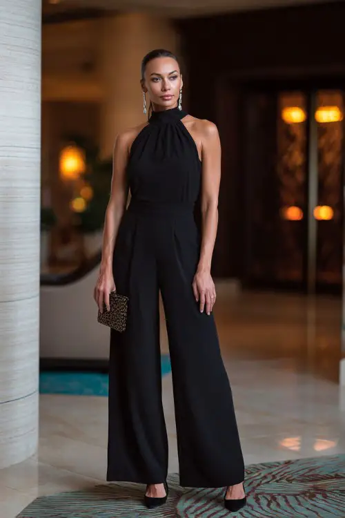 A woman wearing a sleek jumpsuit, pointed heels, statement earrings, small shoulder bag, elegant hotel lobby background, full-body editorial fashion photo