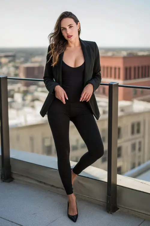 A woman wearing classic black leggings, fitted bodysuit, tailored blazer jacket, pointed heels, rooftop restaurant background, full-body editorial fashion photography