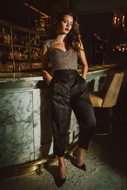 A woman wearing high-waisted tailored trousers with a sparkly sequin top and sleek stilettos, posing inside an upscale lounge bar with dim lighting and marble bar counter, full-body portrait