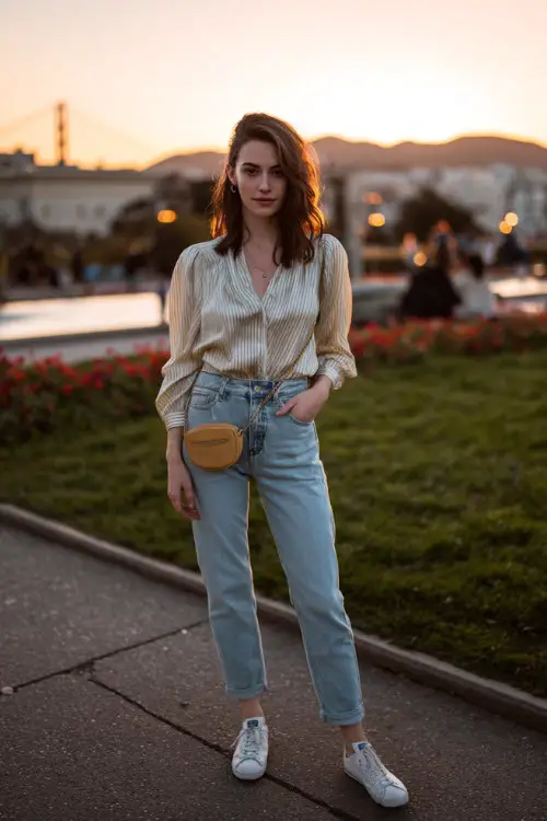 A woman wearing light wash mom jeans, romantic puff-sleeve blouse, classic sneakers, crossbody purse, sunset park date background, full-body fashion photography