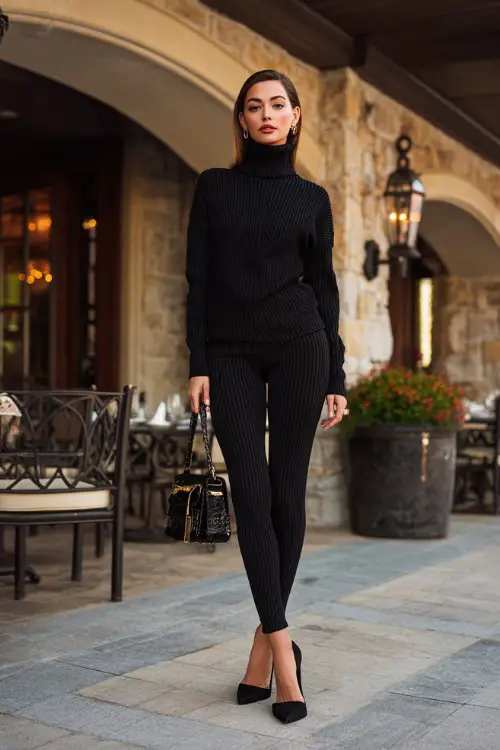 A woman wearing ribbed leggings, fitted turtleneck sweater, block heels, elegant handbag, upscale restaurant exterior background, full-body editorial fashion photo