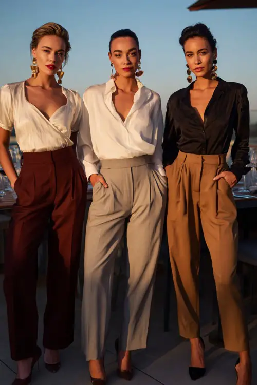 Three women wearing elegant blouses and high-waisted tailored trousers in neutral tones, posing outdoors at sunset.