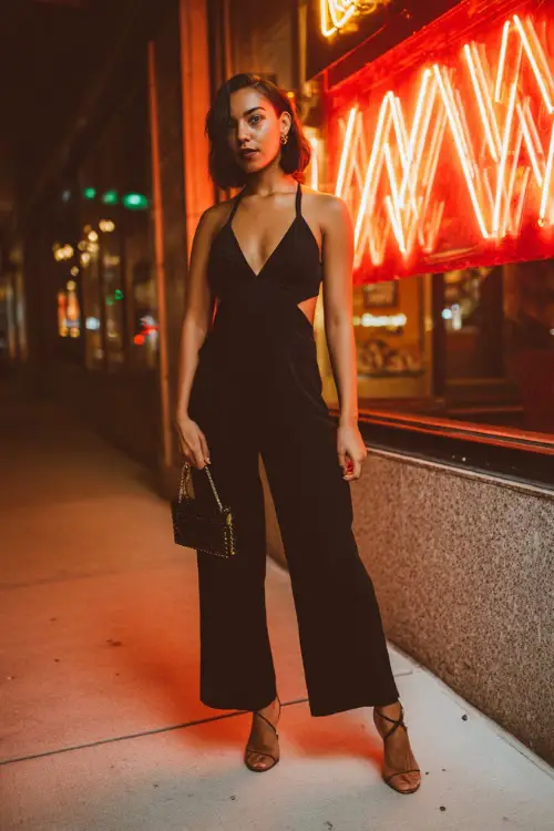 A bold woman wearing a fitted black jumpsuit with a deep neckline, strappy heels, and a structured mini handbag, standing under bright neon signage outside a trendy night bar, full-body view 