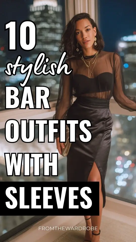 A chic woman wearing a bar outfit with sleeves, featuring a sheer long-sleeve blouse tucked in and strappy heels
