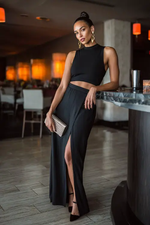 A chic woman wearing a high-waisted slit maxi skirt with a fitted sleeveless top and sleek heels, accessorized with statement earrings and a structured clutch