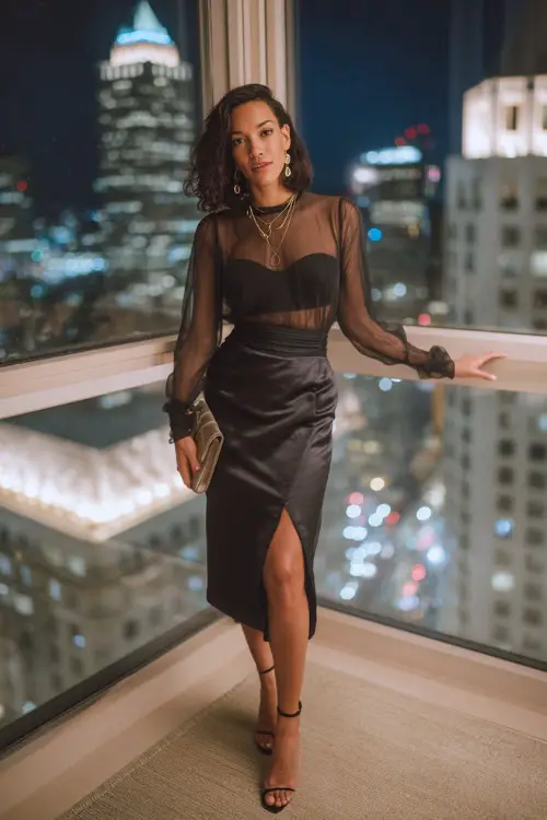 A chic woman wearing a satin midi skirt with a sheer long-sleeve blouse tucked in and strappy heels, accessorized with delicate jewelry and a mini handbag 