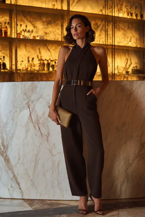 A chic woman wearing a tailored sleeveless jumpsuit with strappy heels and a sleek clutch, standing confidently inside a minimalist cocktail bar with marble details and soft golden lighting 