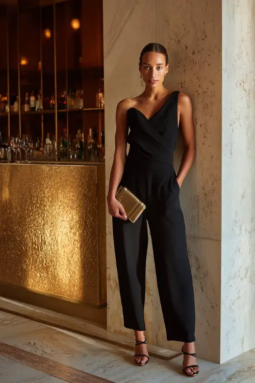 A chic woman wearing a tailored sleeveless jumpsuit with strappy heels and a sleek clutch, standing confidently inside a minimalist cocktail bar with marble details and soft golden lighting 