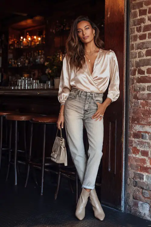 A chic woman wearing relaxed straight-leg jeans with a silky wrap blouse tucked in and heeled ankle boots, accessorized with delicate jewelry and a structured handbag 