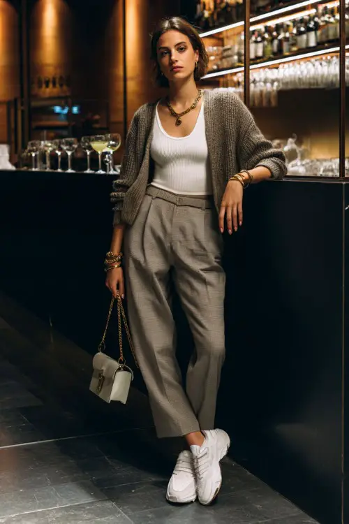 A chic woman wearing straight-leg trousers with a cropped cardigan and stylish white sneakers, accessorized with layered bracelets and a mini handbag