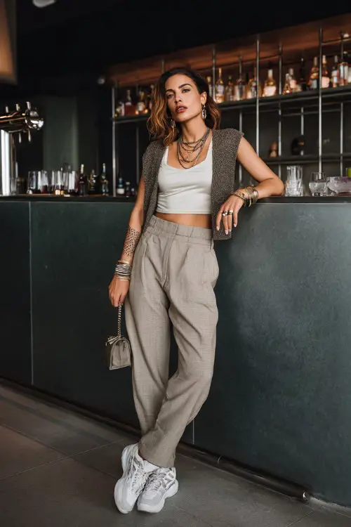 A chic woman wearing straight-leg trousers with a cropped cardigan and stylish white sneakers, accessorized with layered bracelets and a mini handbag