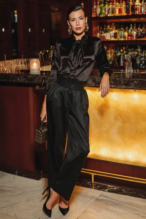 A chic woman wearing tailored black trousers with a fitted satin blouse and pointed-toe heels, accessorized with statement earrings and a structured mini handbag